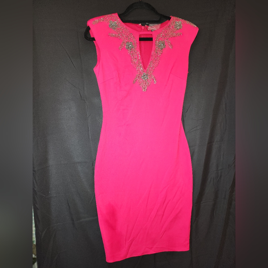 Little Mistress Wiggle Midi Dress With Embellished Neckline Size 4 Us, 8 Uk